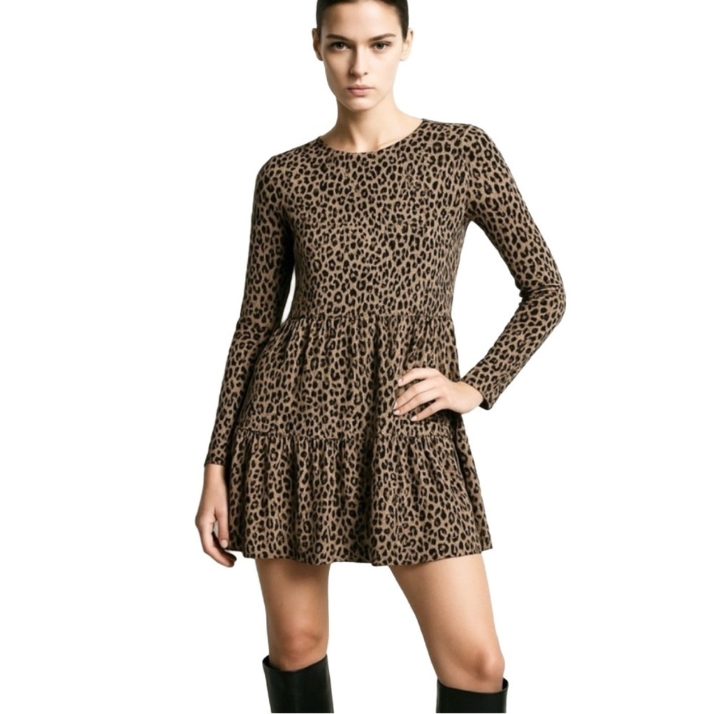 ZARA TRAFALUC Animal Print Long Sleeve Full Skirt Skater Dress